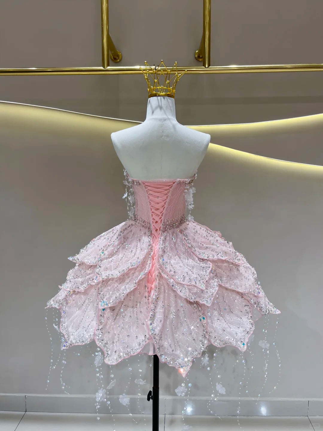 SL245 Luxury Pink Crystal Corset Petal Mini Ball Gown Formal Dress