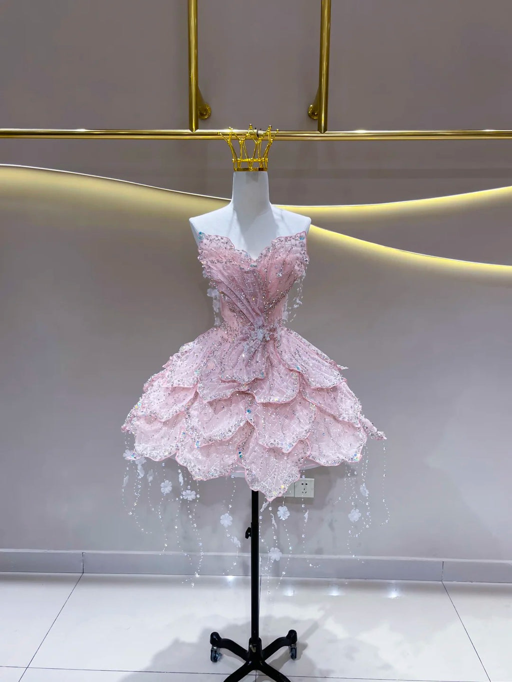 SL245 Luxury Pink Crystal Corset Petal Mini Ball Gown Formal Dress