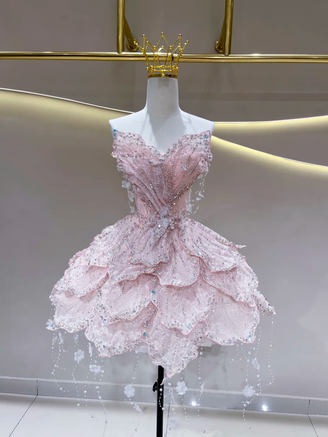SL245 Luxury Pink Crystal Corset Petal Mini Ball Gown Formal Dress