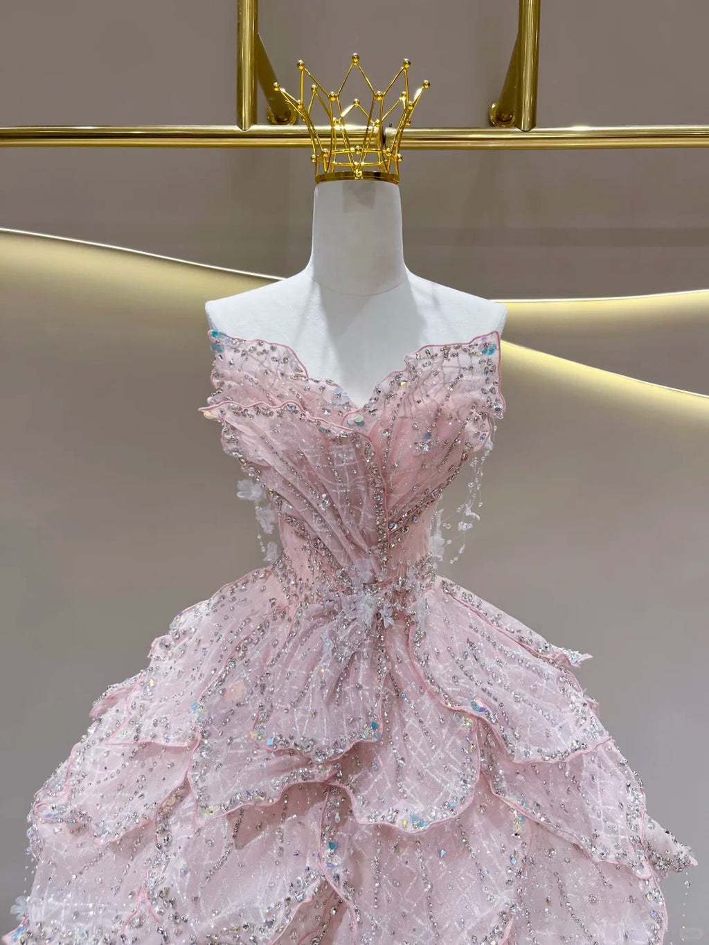 SL245 Luxury Pink Crystal Corset Petal Mini Ball Gown Formal Dress