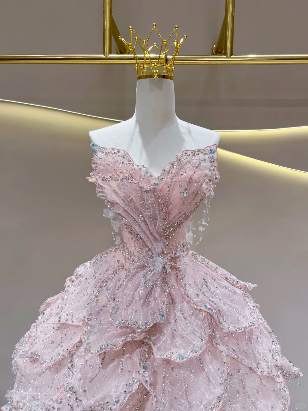 SL245 Luxury Pink Crystal Corset Petal Mini Ball Gown Formal Dress