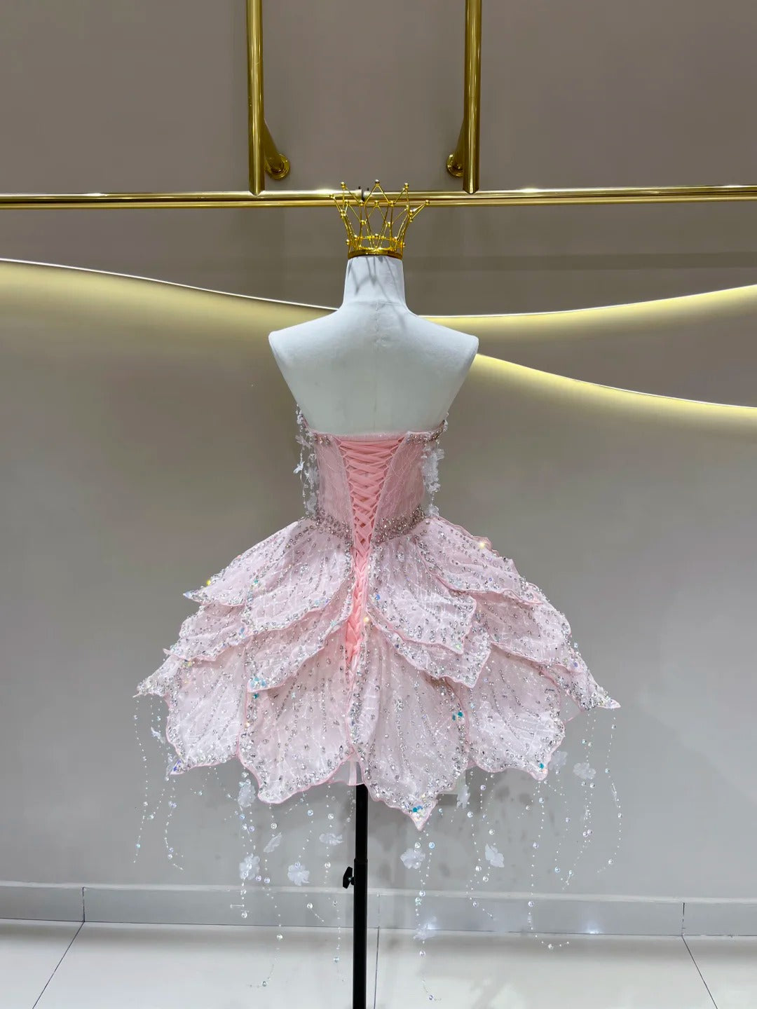 SL245 Luxury Pink Crystal Corset Petal Mini Ball Gown Formal Dress