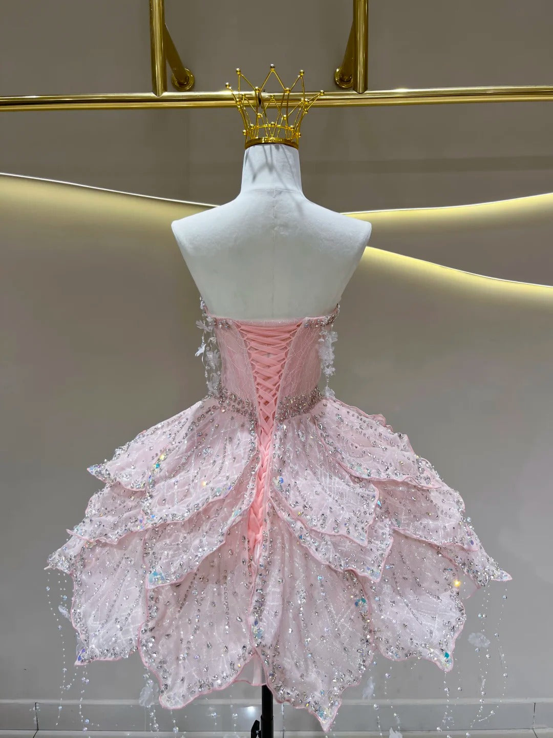 SL245 Luxury Pink Crystal Corset Petal Mini Ball Gown Formal Dress