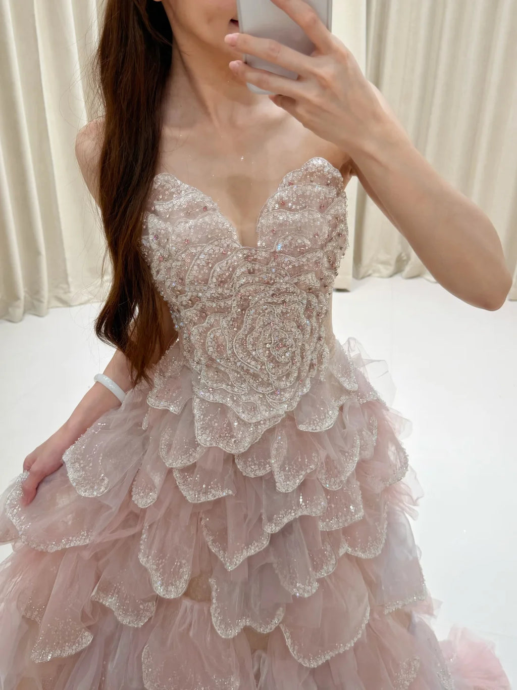 SL247 Luxury Blush Pink Crystal Corset Cascading Petal Evening Gown