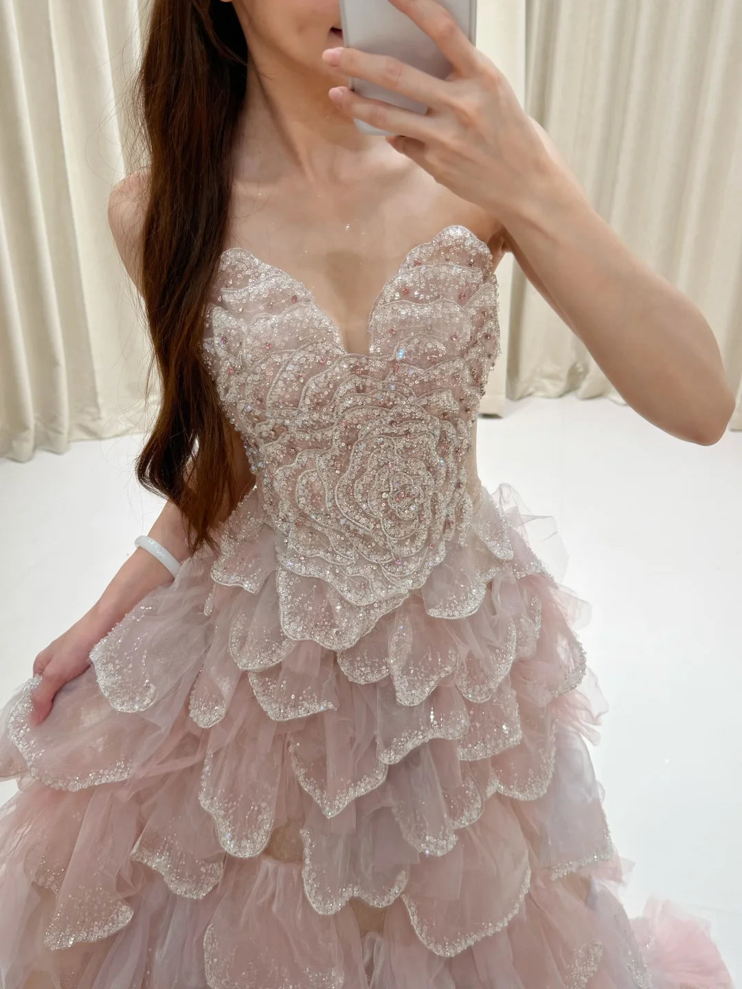 SL247 Luxury Blush Pink Crystal Corset Cascading Petal Evening Gown