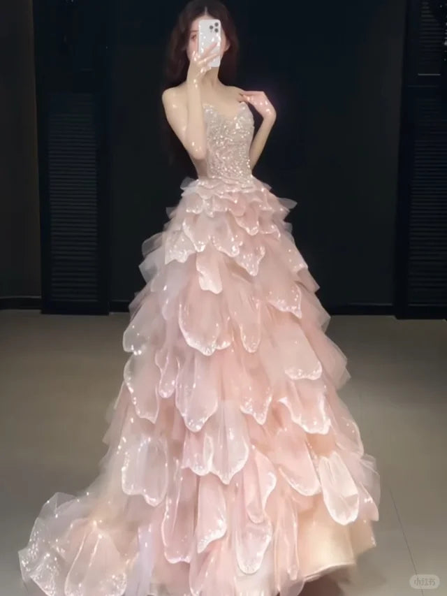 SL247 Luxury Blush Pink Crystal Corset Cascading Petal Evening Gown