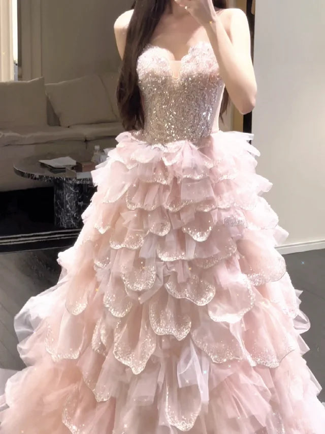 SL247 Luxury Blush Pink Crystal Corset Cascading Petal Evening Gown