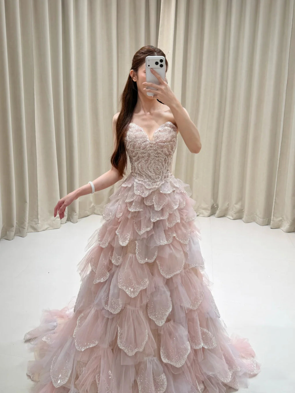 SL247 Luxury Blush Pink Crystal Corset Cascading Petal Evening Gown