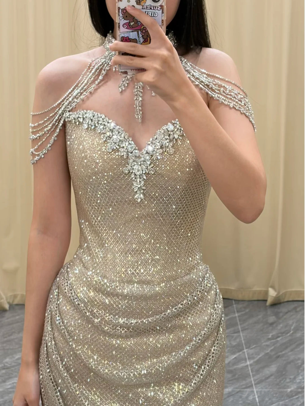 SL247 Champagne Gold Off-Shoulder Mermaid Prom Dress with Crystal Embellishments