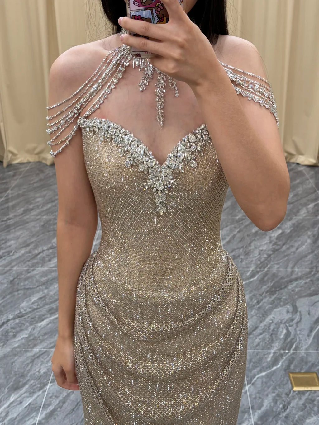 SL247 Champagne Gold Off-Shoulder Mermaid Prom Dress with Crystal Embellishments