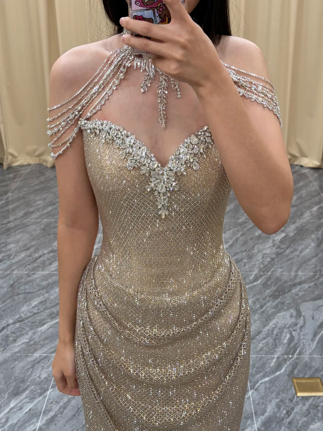 SL247 Champagne Gold Off-Shoulder Mermaid Prom Dress with Crystal Embellishments