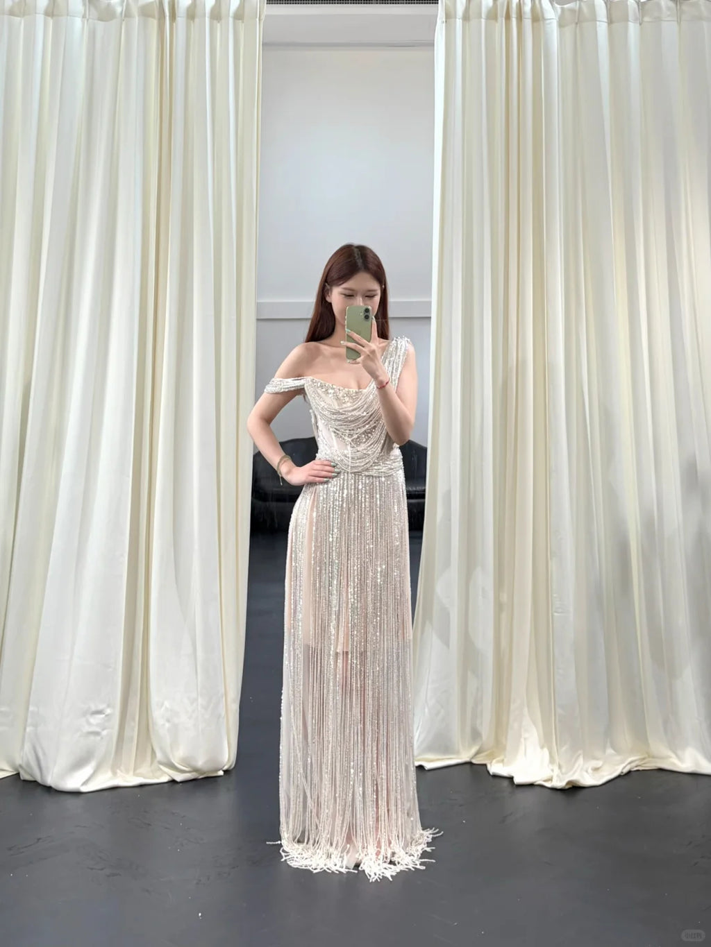SL248 Silver One Shoulder Beaded Fringe Evening Dress with Rhinestones