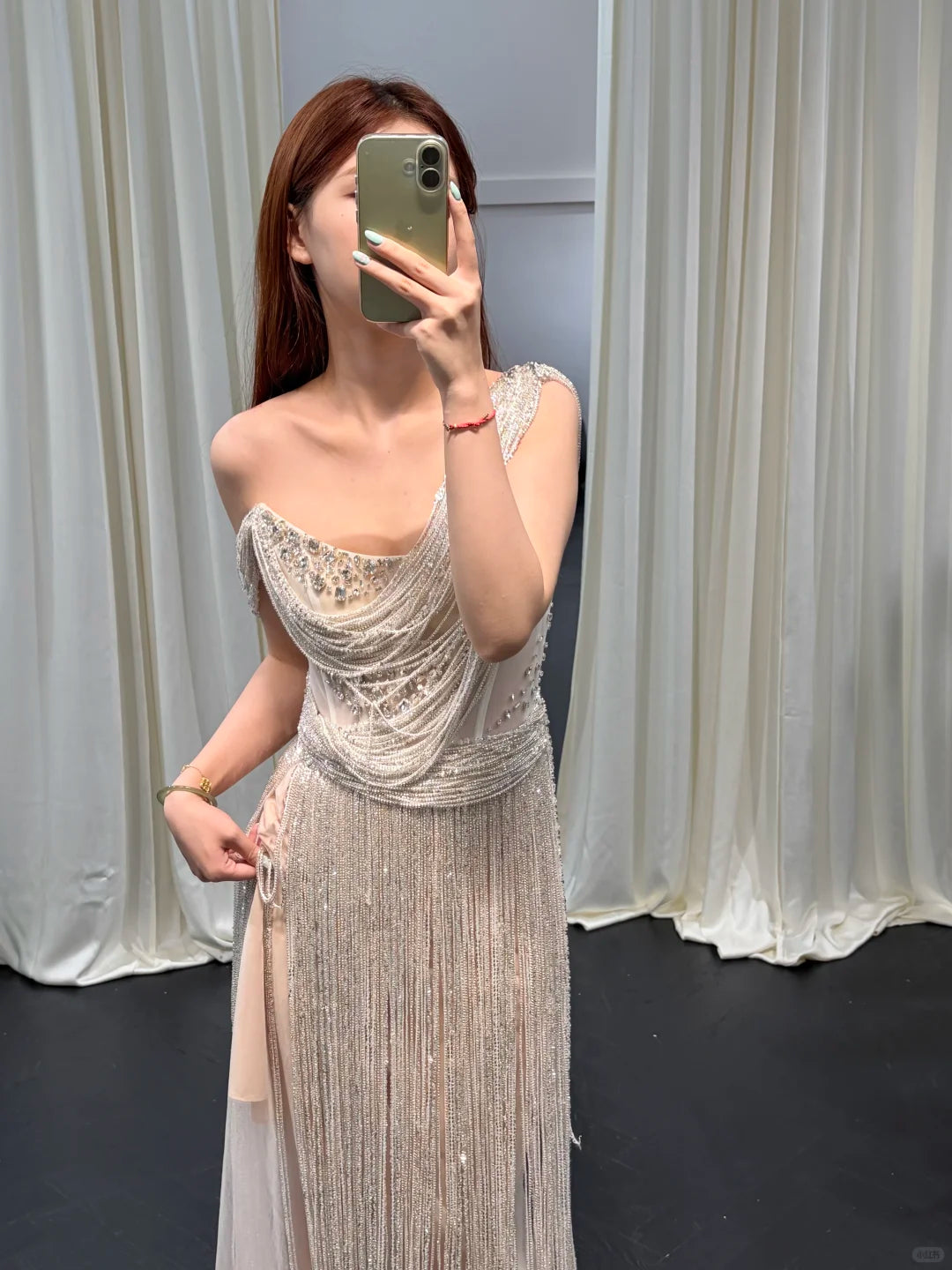 SL248 Silver One Shoulder Beaded Fringe Evening Dress with Rhinestones