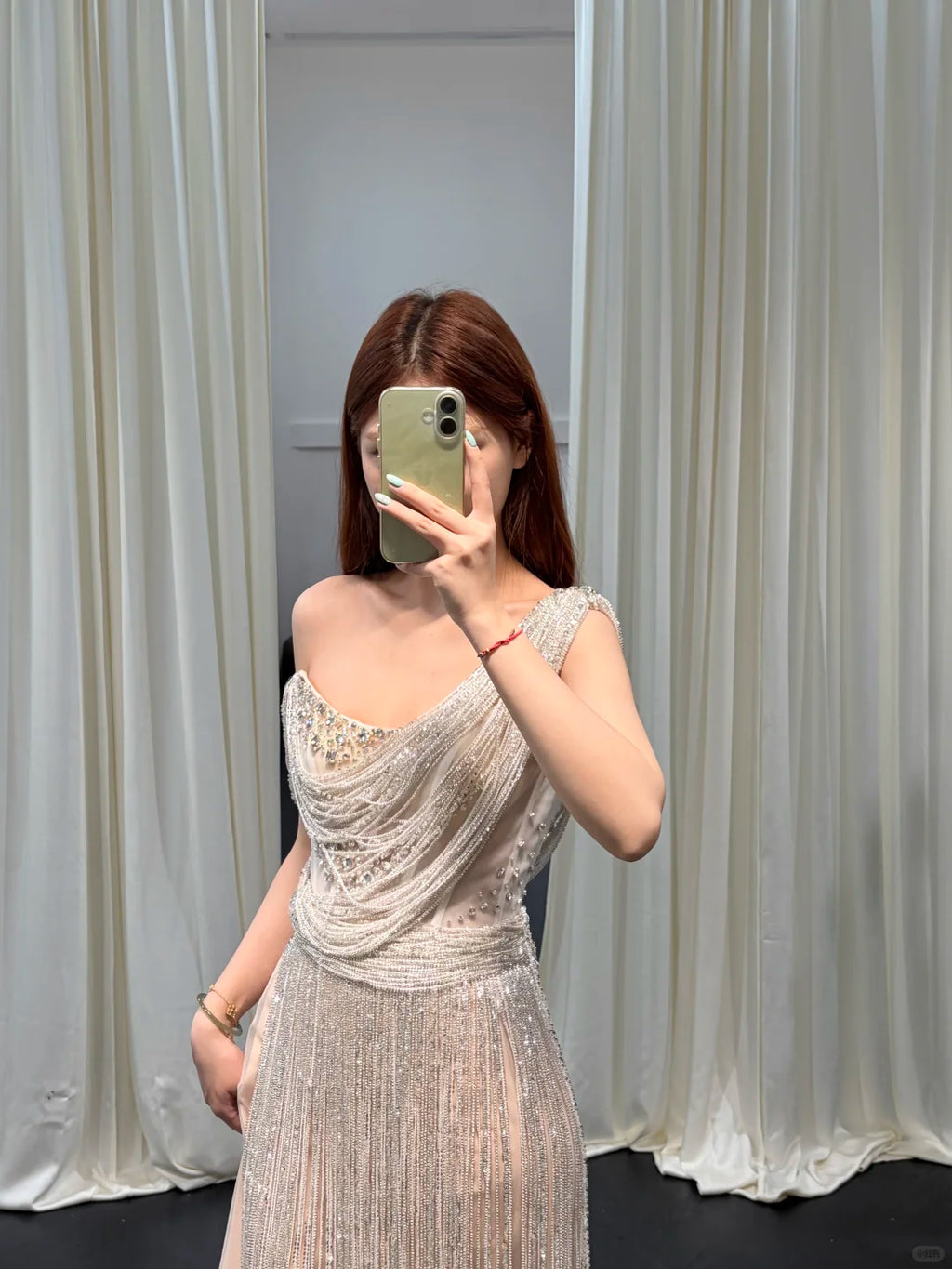 SL248 Silver One Shoulder Beaded Fringe Evening Dress with Rhinestones