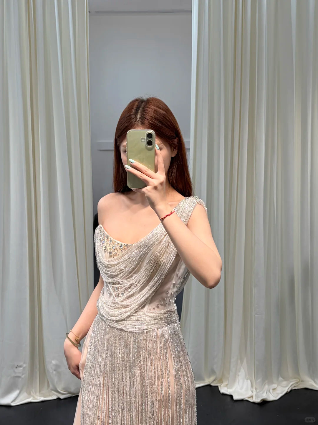 SL248 Silver One Shoulder Beaded Fringe Evening Dress with Rhinestones