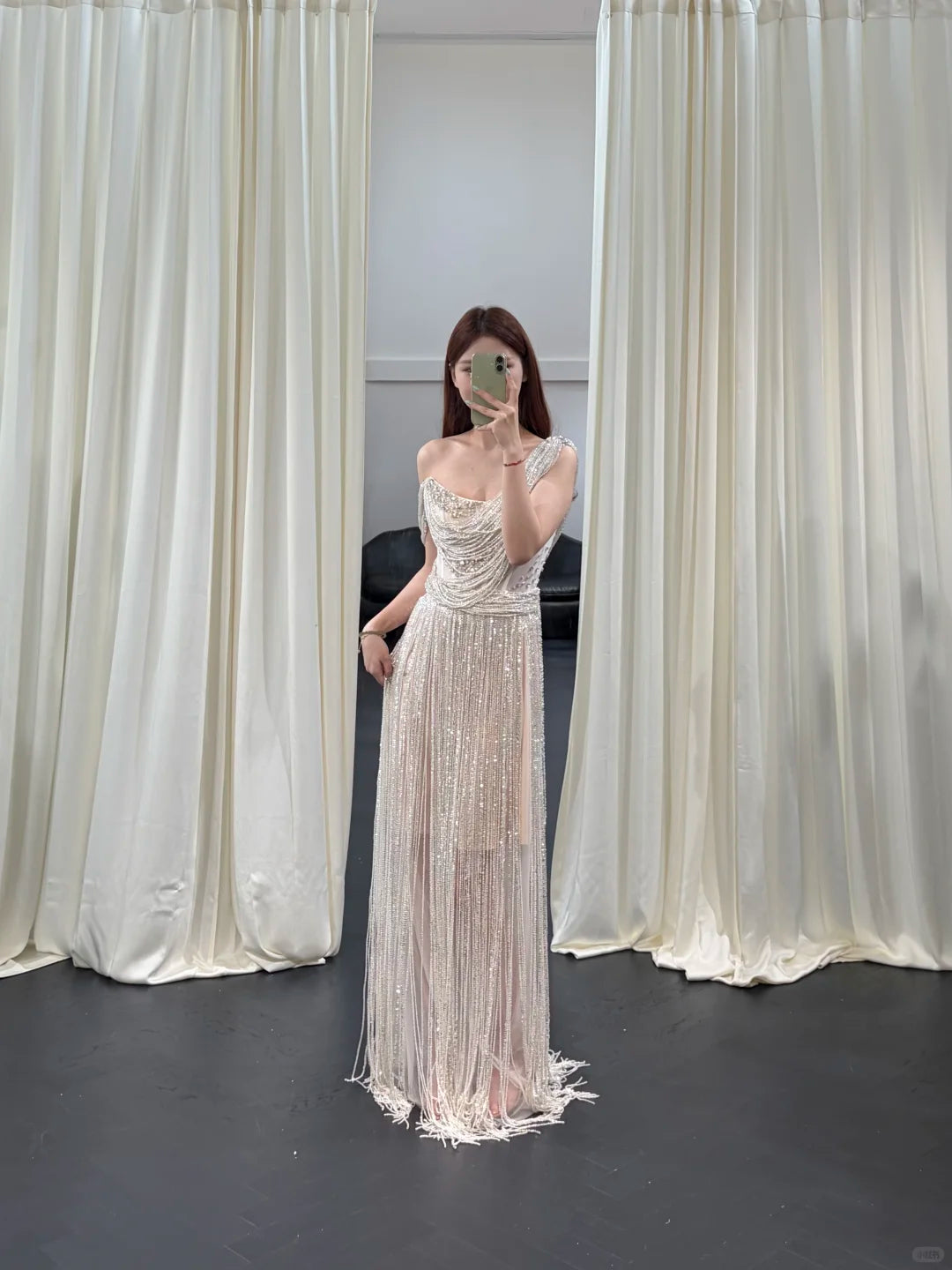 SL248 Silver One Shoulder Beaded Fringe Evening Dress with Rhinestones