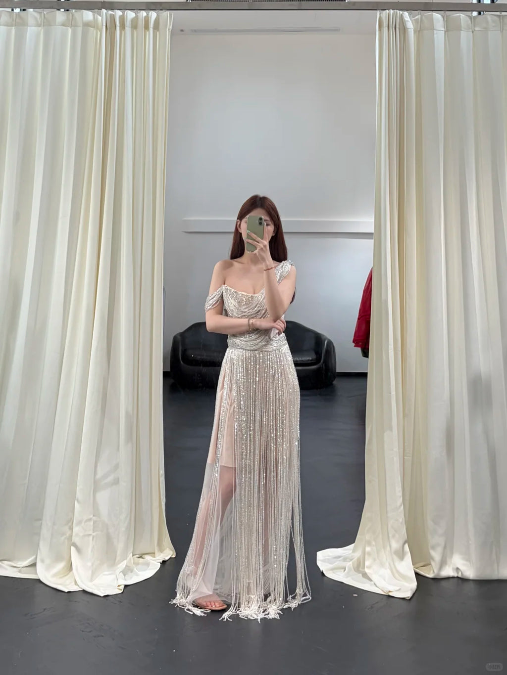 SL248 Silver One Shoulder Beaded Fringe Evening Dress with Rhinestones