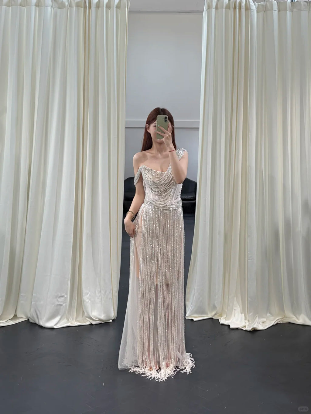 SL248 Silver One Shoulder Beaded Fringe Evening Dress with Rhinestones
