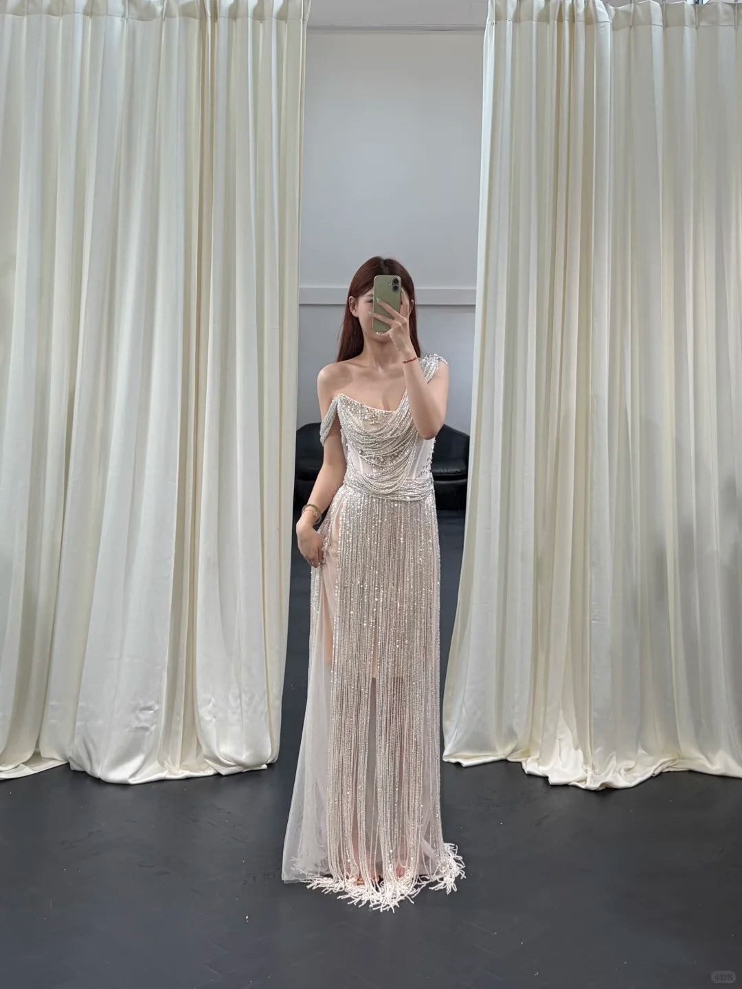 SL248 Silver One Shoulder Beaded Fringe Evening Dress with Rhinestones