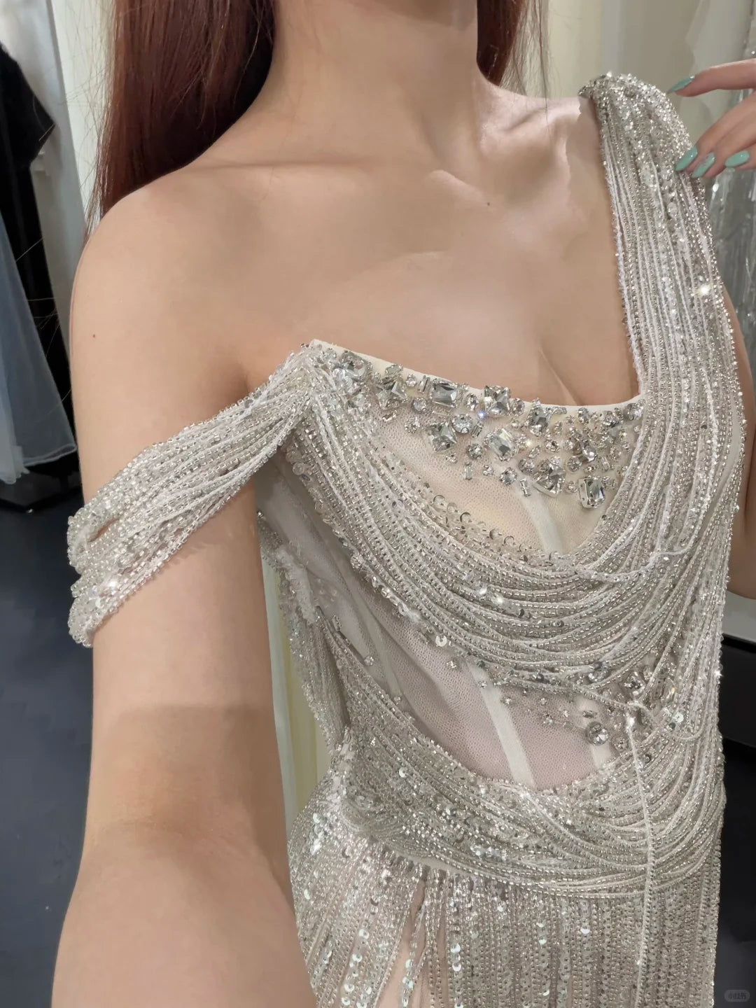 SL248 Silver One Shoulder Beaded Fringe Evening Dress with Rhinestones