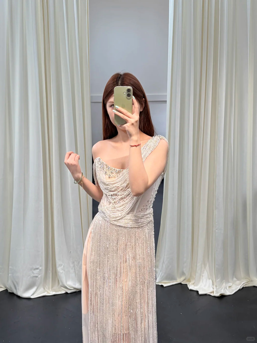 SL248 Silver One Shoulder Beaded Fringe Evening Dress with Rhinestones