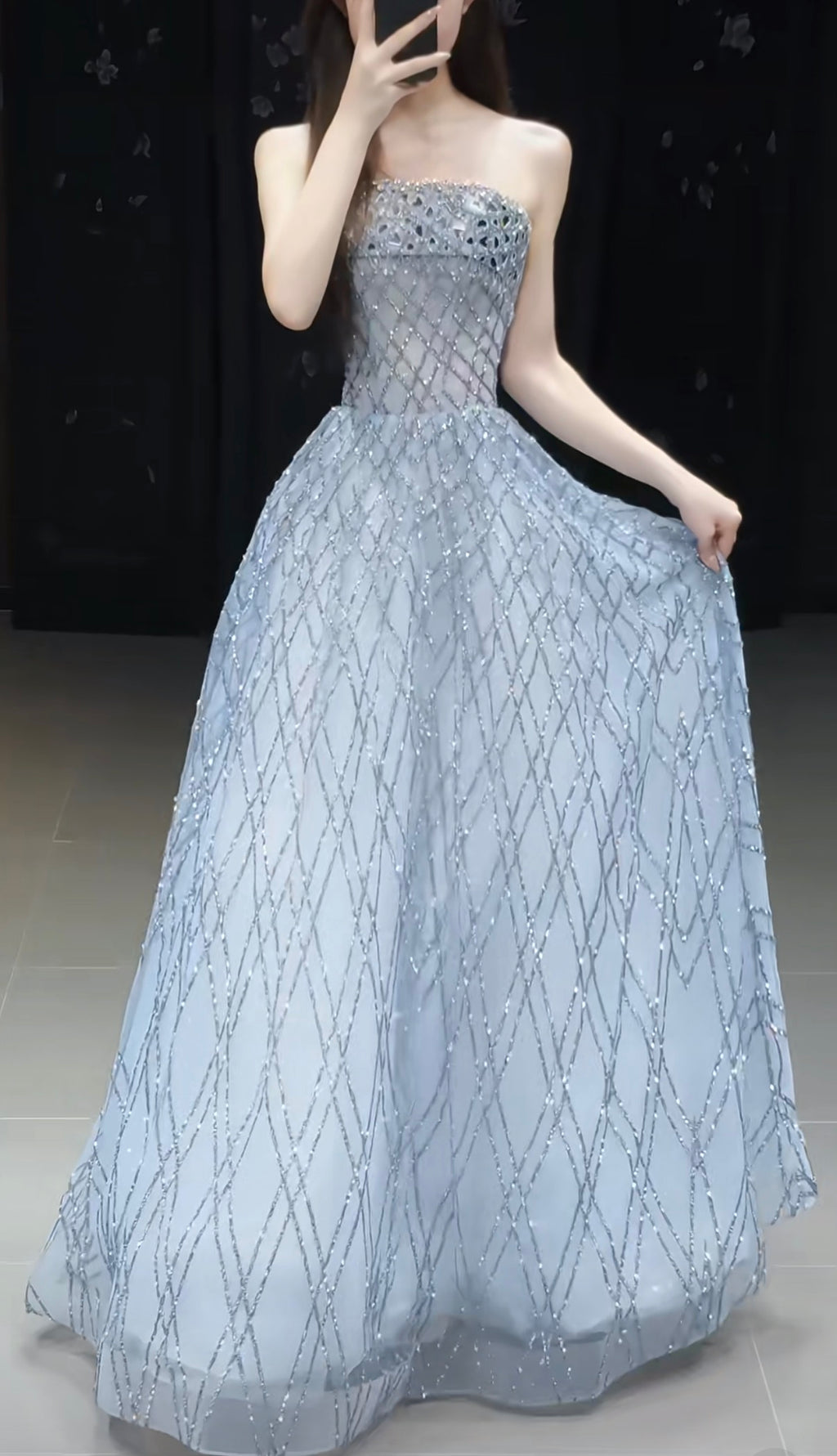 Icy Blue Strapless Sparkly A-Line Evening Gown SS239