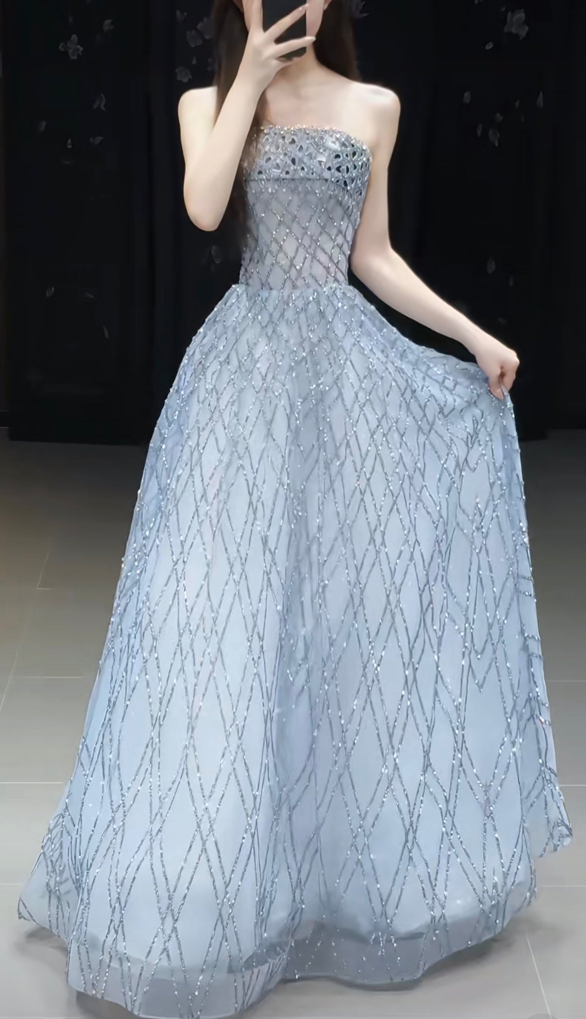 Icy Blue Strapless Sparkly A-Line Evening Gown SS239