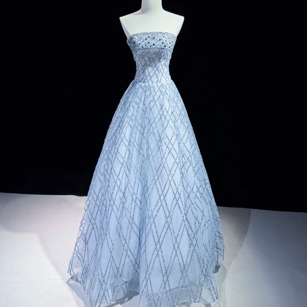 Icy Blue Strapless Sparkly A-Line Evening Gown SS239