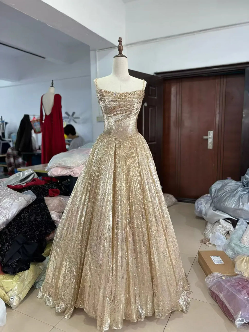 SS250 Gold Luxury Ball Gown Sparkly A-Line Evening Dress