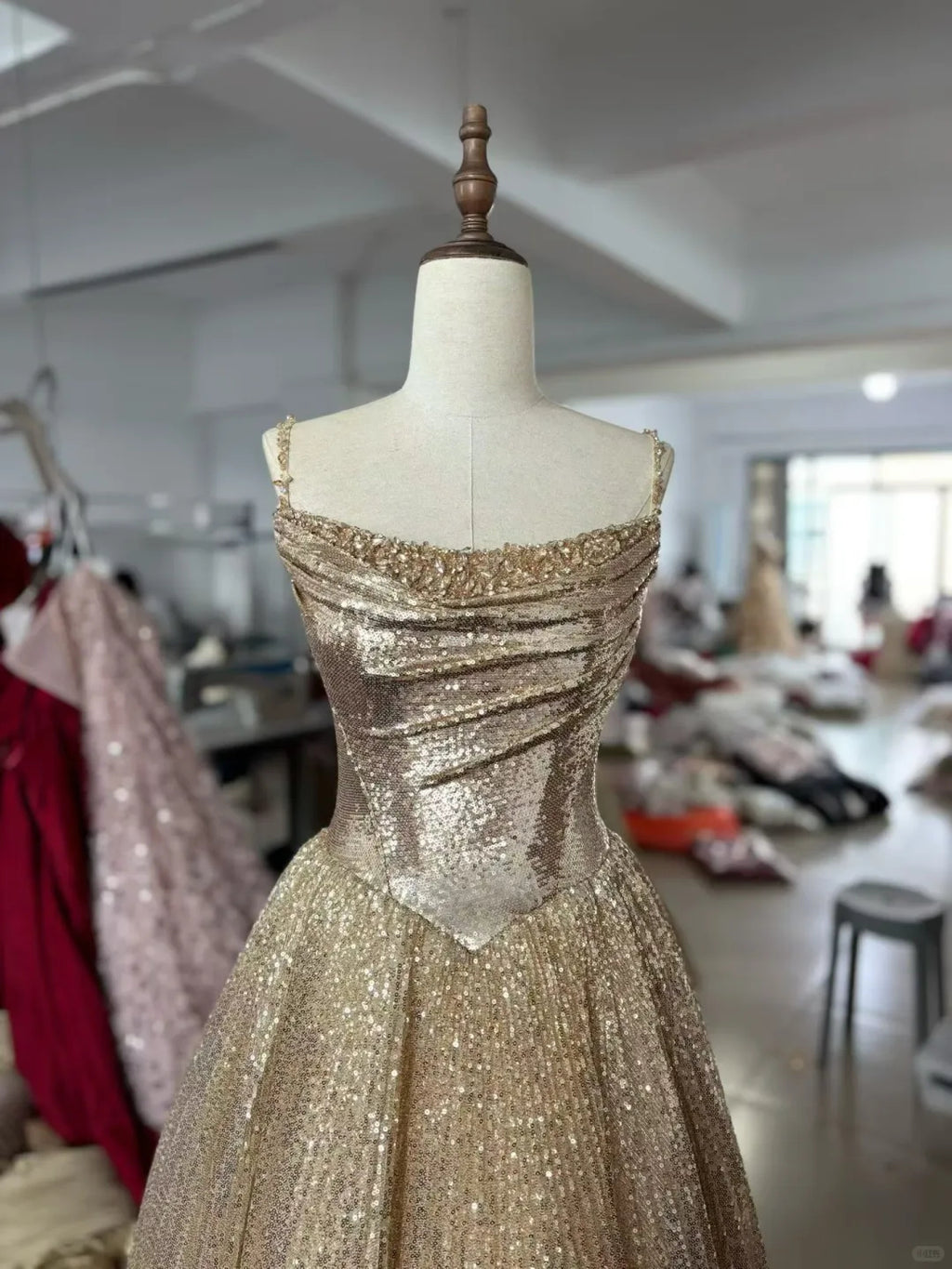 SS250 Gold Luxury Ball Gown Sparkly A-Line Evening Dress