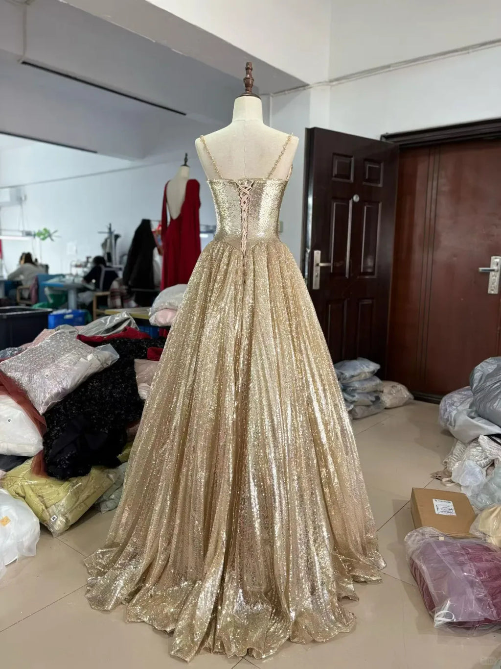 SS250 Gold Luxury Ball Gown Sparkly A-Line Evening Dress