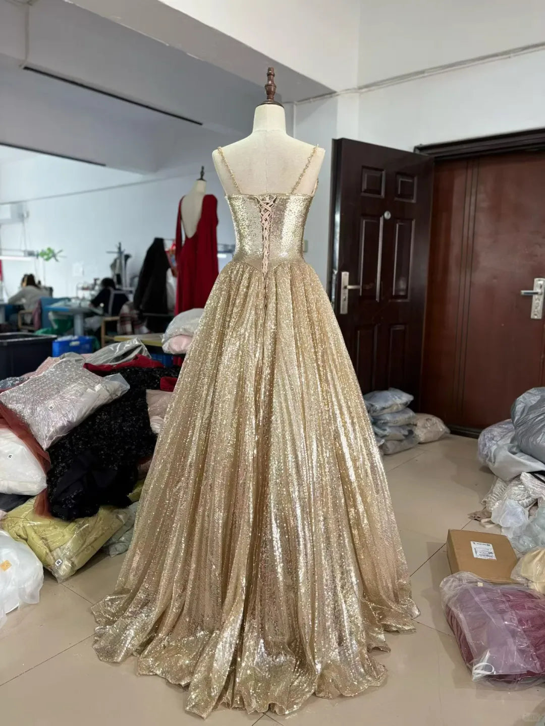 SS250 Gold Luxury Ball Gown Sparkly A-Line Evening Dress