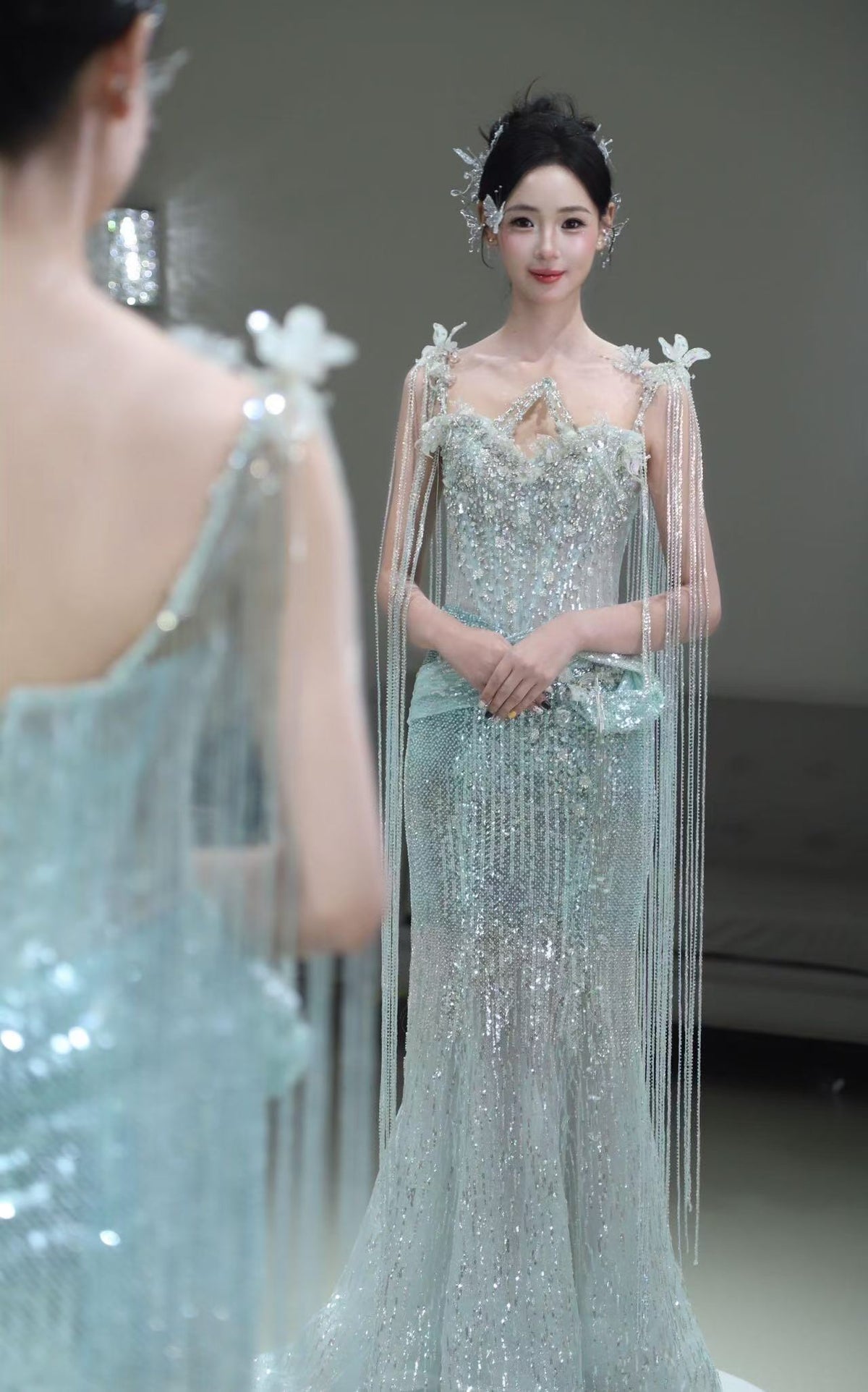 SS251 Silver Crystal Sparkly Mermaid Evening Gown with Train