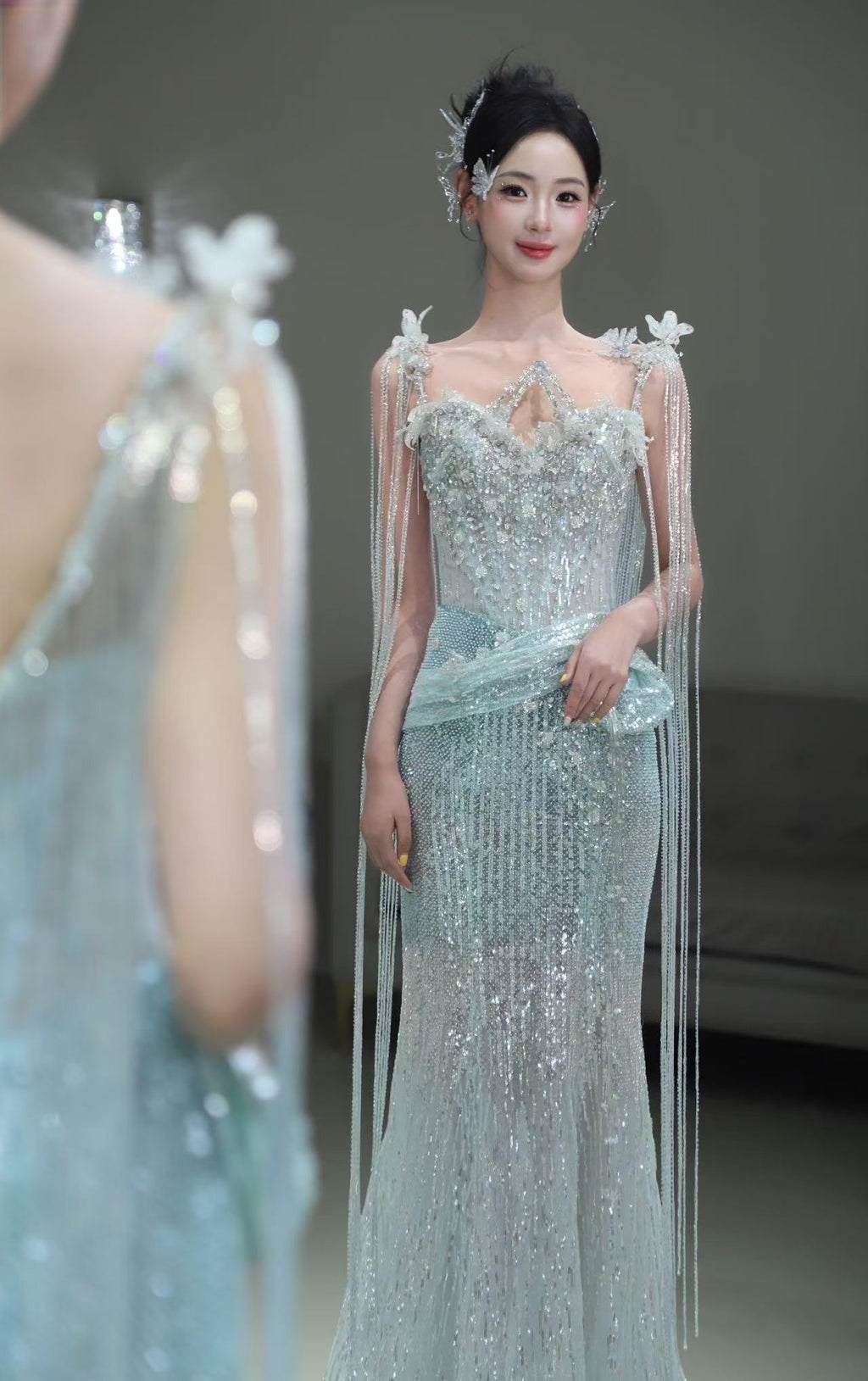 SS251 Silver Crystal Sparkly Mermaid Evening Gown with Train