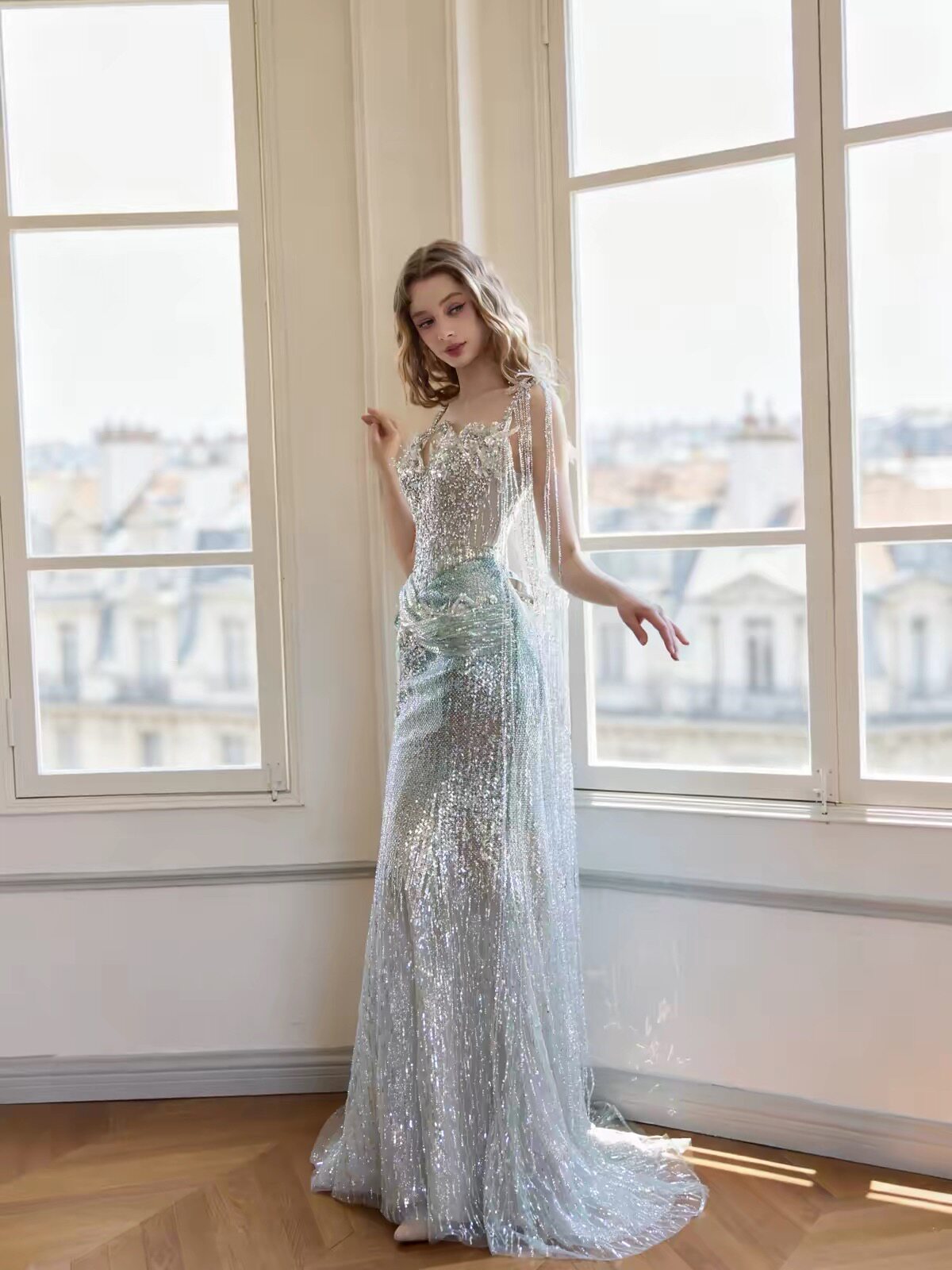 SS251 Silver Crystal Sparkly Mermaid Evening Gown with Train