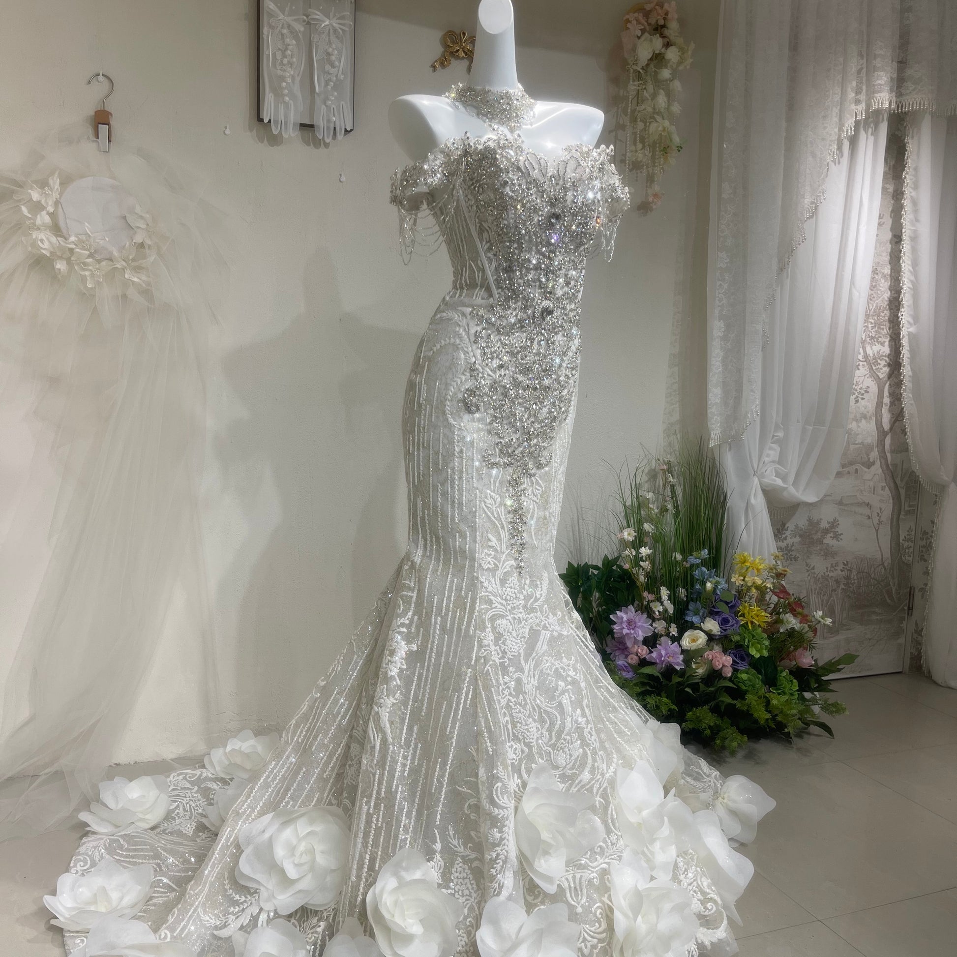 TwinkleGowns Crystal Off-Shoulder Mermaid Wedding Dress with Cathedral Train SL147