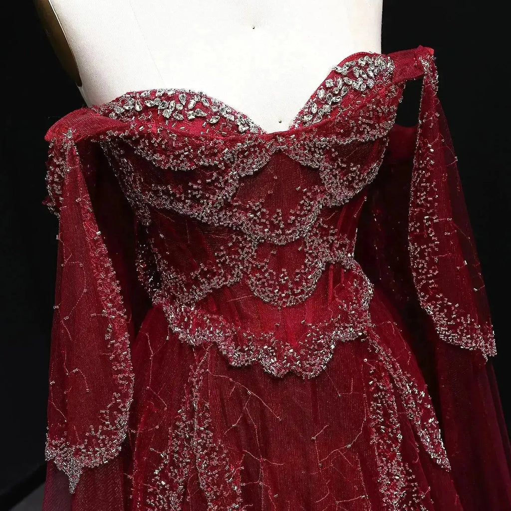 Elegant Burgundy Off-Shoulder Beaded Cape Ball Gown Evening Dress SL121