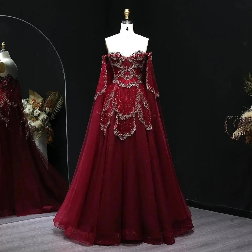 Elegant Burgundy Off-Shoulder Beaded Cape Ball Gown Evening Dress SL121