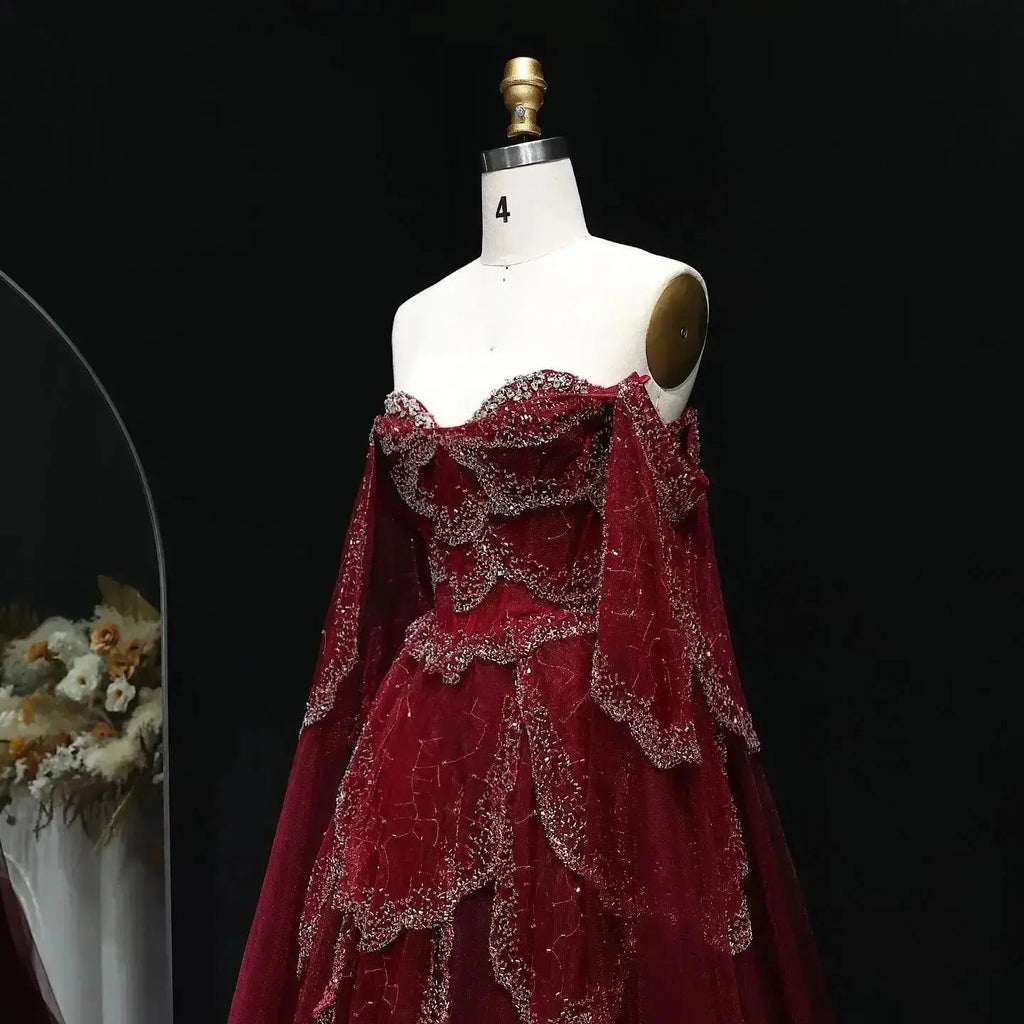 Elegant Burgundy Off-Shoulder Beaded Cape Ball Gown Evening Dress SL121