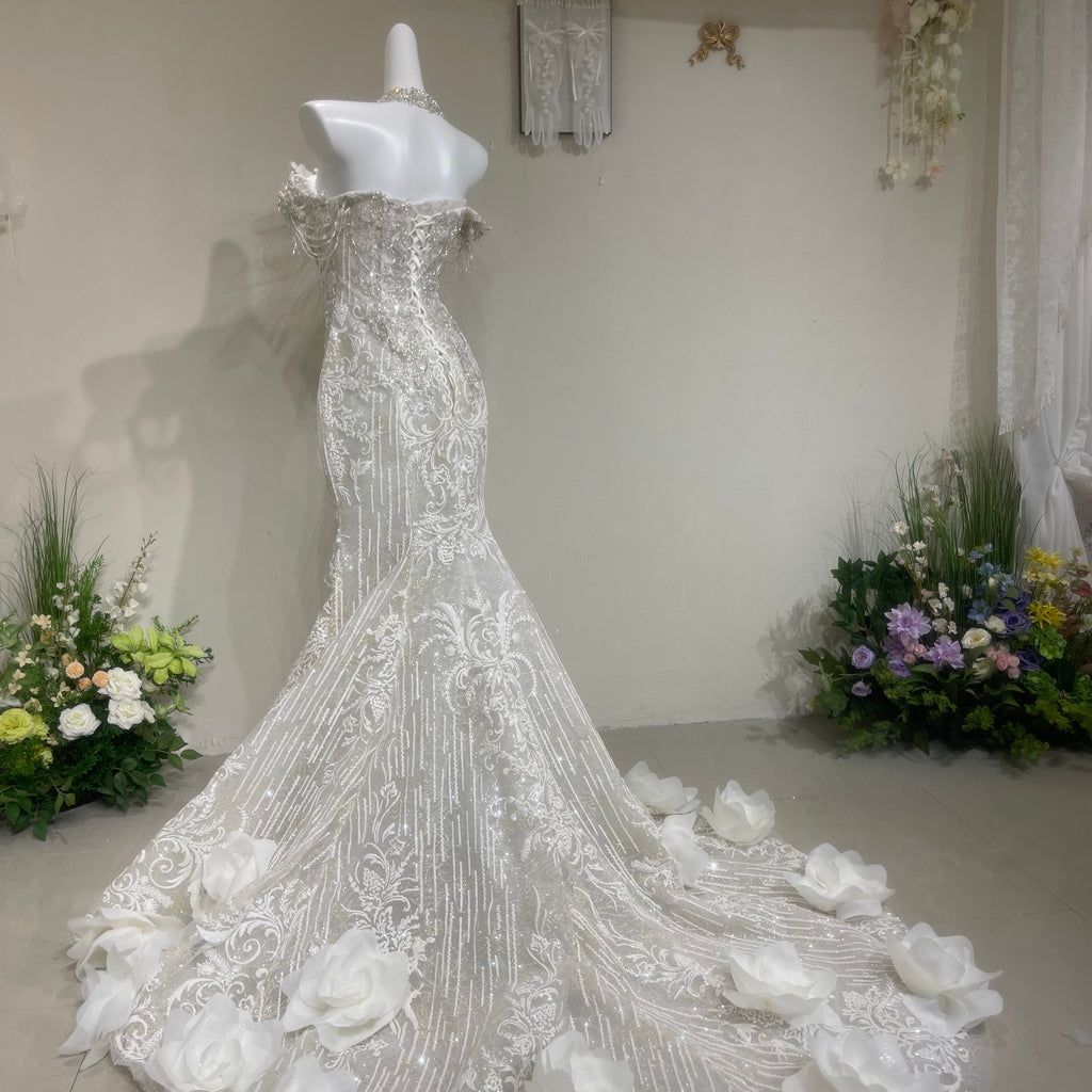 TwinkleGowns Crystal Off-Shoulder Mermaid Wedding Dress with Cathedral Train SL147