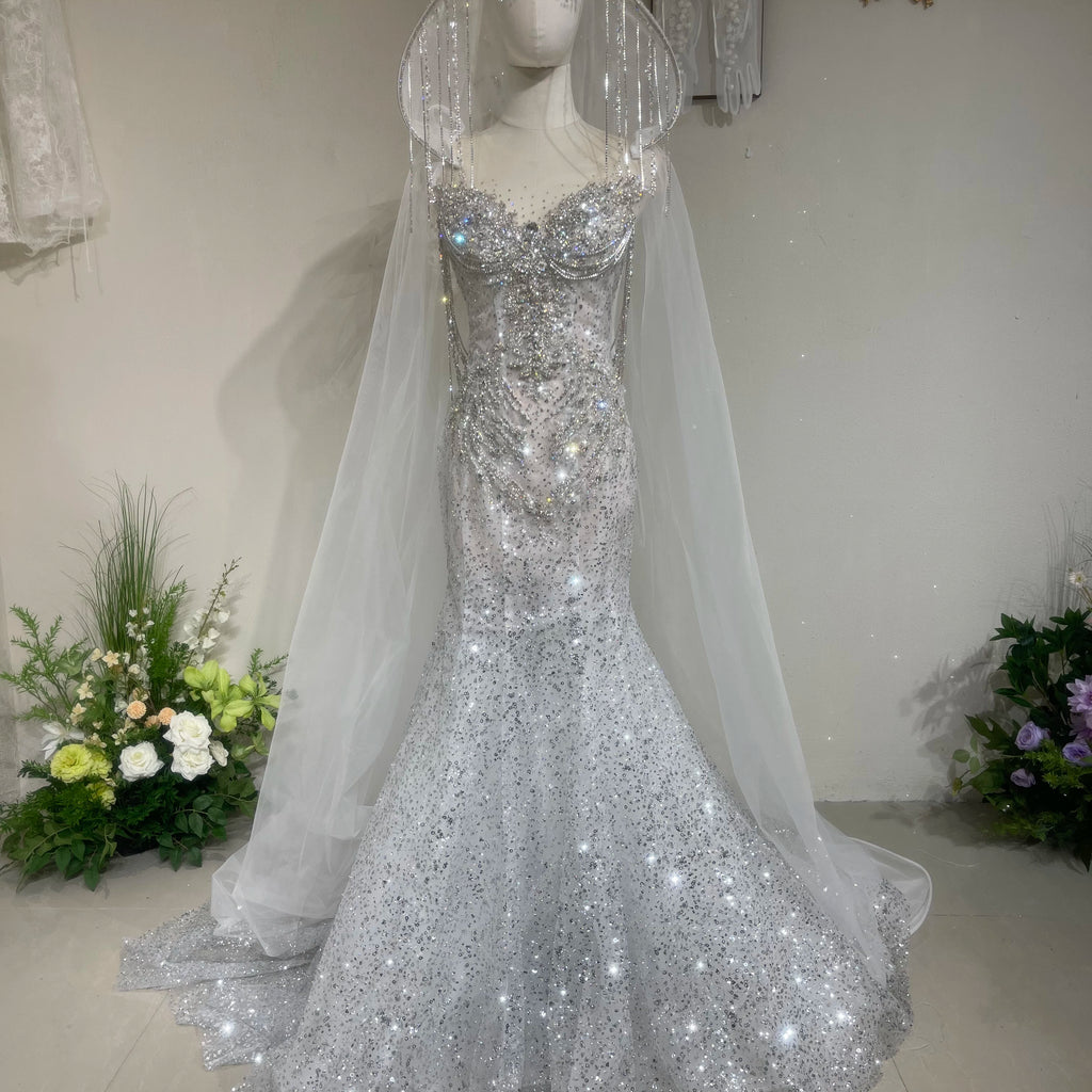 Twinklegowns Luxury Crystal Beaded Mermaid Wedding Dress with Hooded Veil SL148