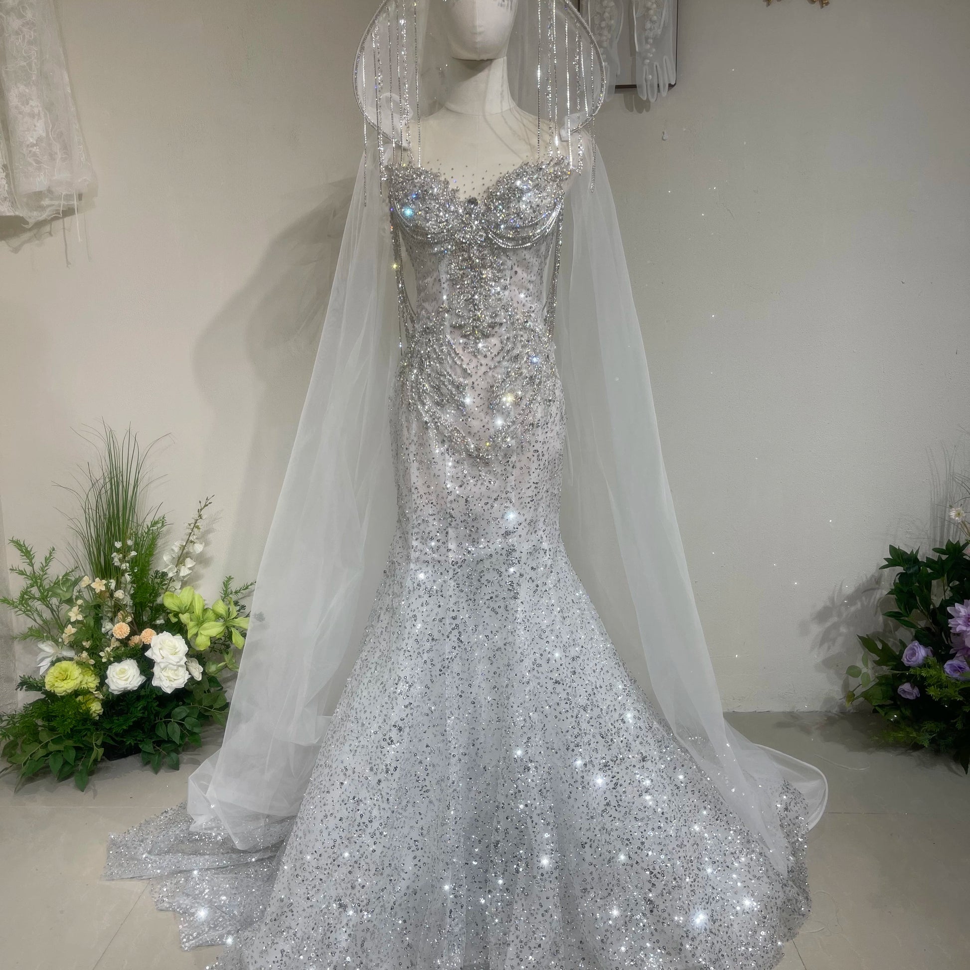 Twinklegowns Luxury Crystal Beaded Mermaid Wedding Dress with Hooded Veil SL148