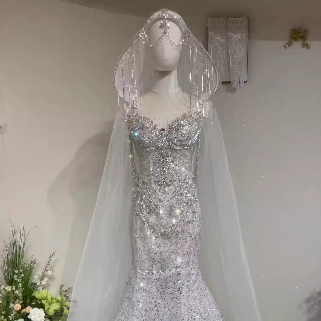 Twinklegowns Luxury Crystal Beaded Mermaid Wedding Dress with Hooded Veil SL148