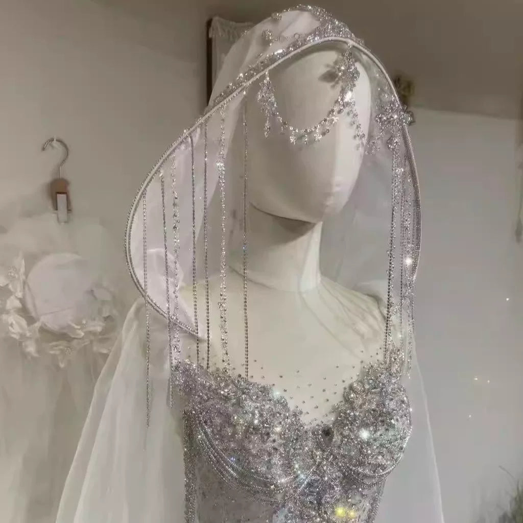 Twinklegowns Luxury Crystal Beaded Mermaid Wedding Dress with Hooded Veil SL148