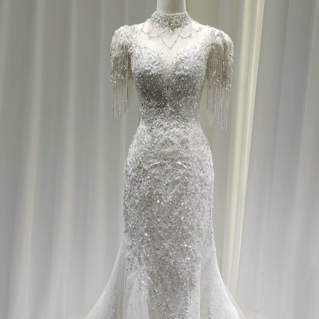 Twinklegowns Luxury Beaded Mermaid Wedding Dress with Crystal Fringe Sleeves SL150