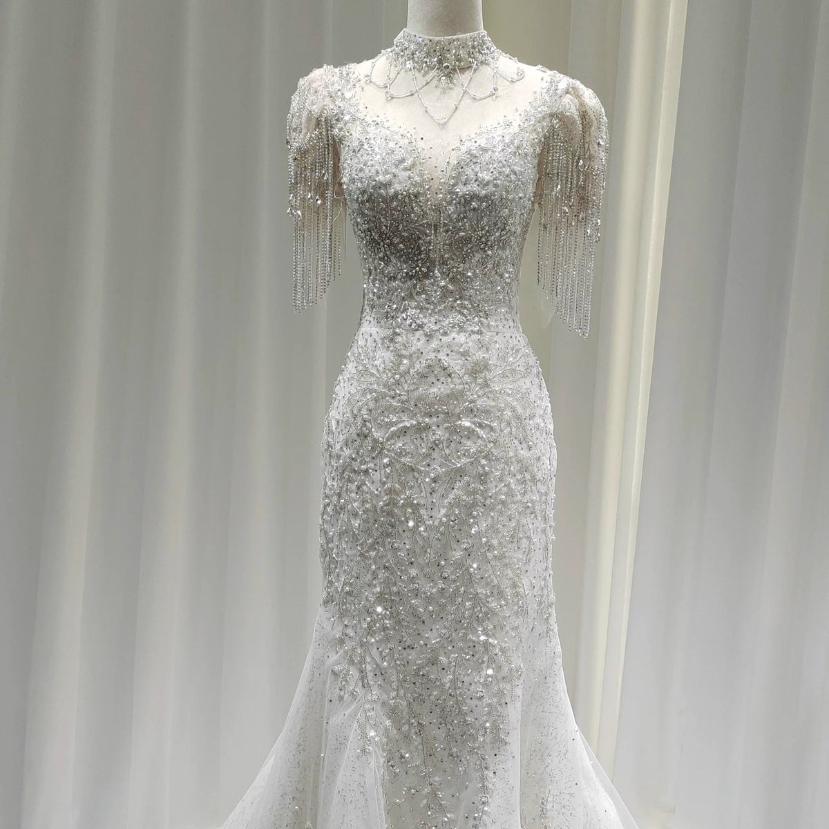 Twinklegowns Luxury Beaded Mermaid Wedding Dress with Crystal Fringe Sleeves SL150