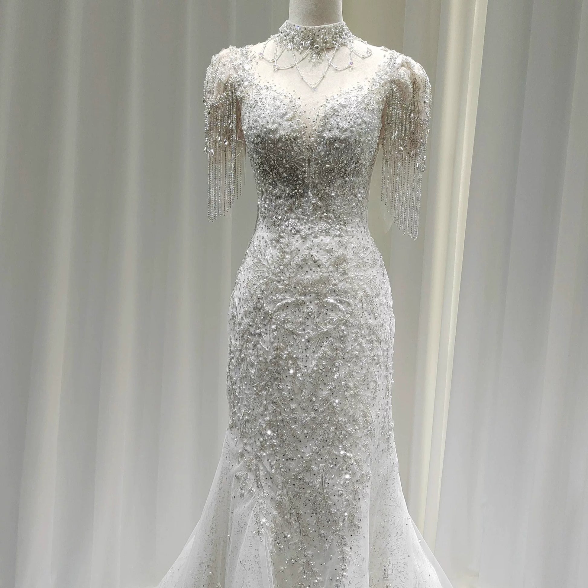 Twinklegowns Luxury Beaded Mermaid Wedding Dress with Crystal Fringe Sleeves SL150