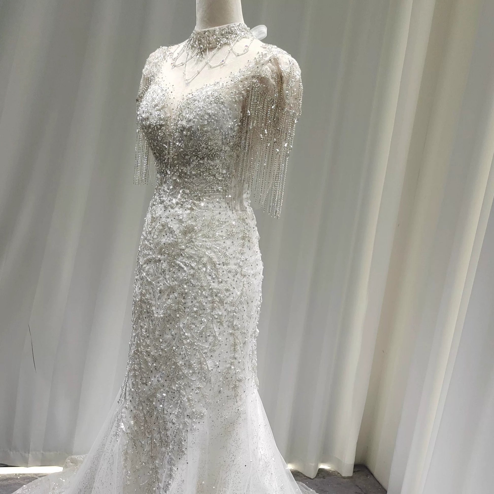 Twinklegowns Luxury Beaded Mermaid Wedding Dress with Crystal Fringe Sleeves SL150