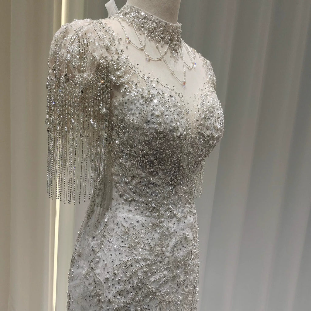 Twinklegowns Luxury Beaded Mermaid Wedding Dress with Crystal Fringe Sleeves SL150