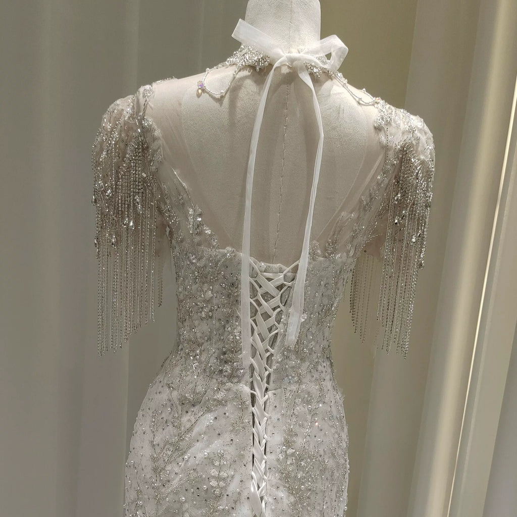 Twinklegowns Luxury Beaded Mermaid Wedding Dress with Crystal Fringe Sleeves SL150